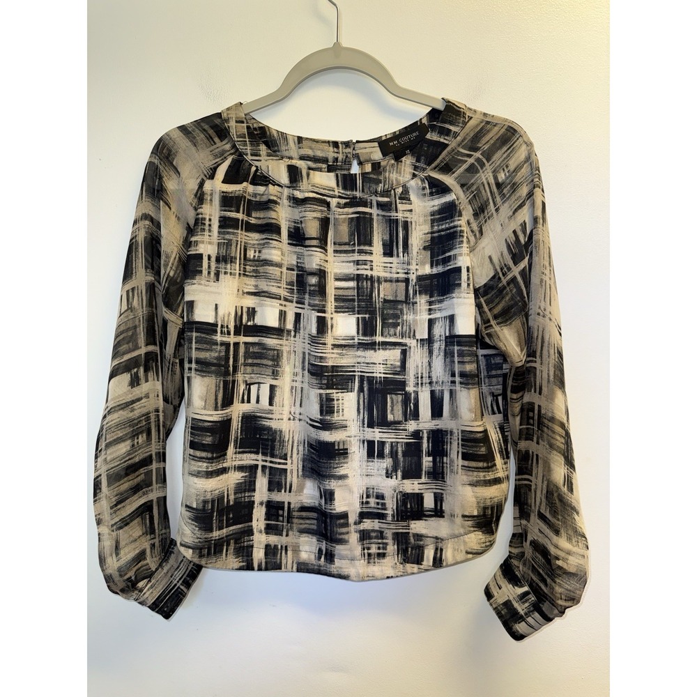 MM Couture by Miss Me Top Long Sleeve Open Back Beige Black Plaid Size XS